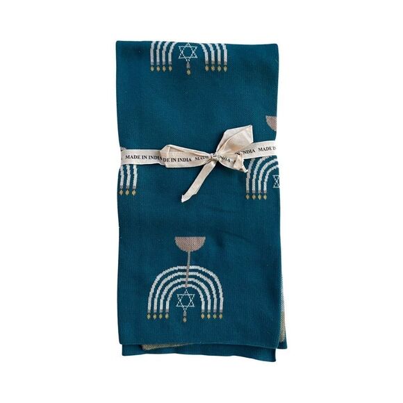 HANUKKAH Blue & Ivory Knit Reversible Baby Blanket and Bib Set NWT - Picture 2 of 12